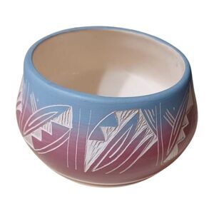 Silas Artist Signed Navajo Hand Etched Art Pottery Bowl 6”x4” - Sky Blue & Plum